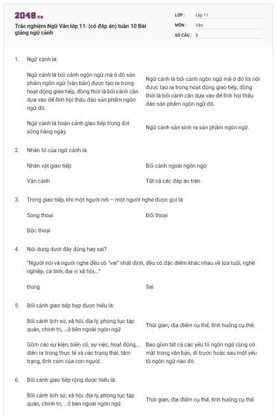 Trắc nghiệm Ngữ Văn lớp 11: (có đáp án) tuần 10 Bài giảng ngữ cảnh