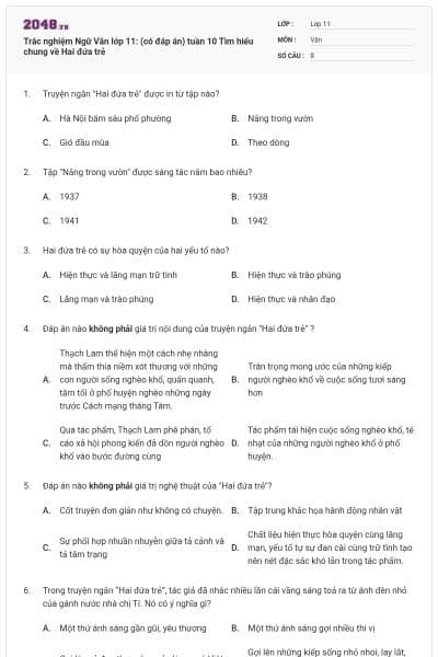 Trắc nghiệm Ngữ Văn lớp 11: (có đáp án) tuần 10 Tìm hiểu chung về Hai đứa trẻ