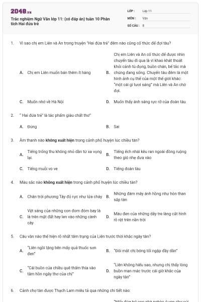 Trắc nghiệm Ngữ Văn lớp 11: (có đáp án) tuần 10 Phân tích Hai đứa trẻ