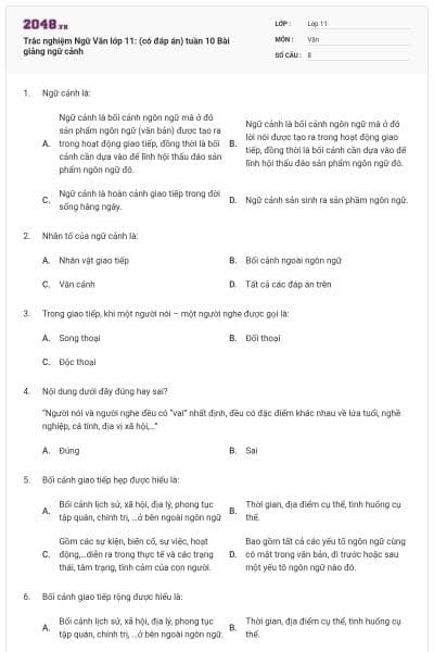 Trắc nghiệm Ngữ Văn lớp 11: (có đáp án) tuần 10 Bài giảng ngữ cảnh