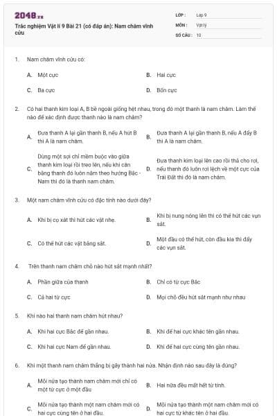 Trắc nghiệm Vật lí 9 Bài 21 (có đáp án): Nam châm vĩnh cửu