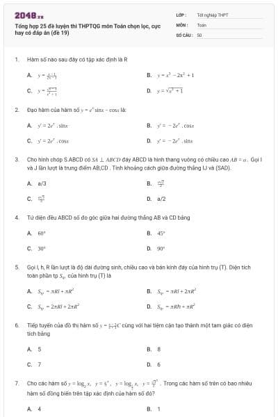 Tổng hợp 25 đề luyện thi THPTQG môn Toán chọn lọc, cực hay có đáp án (đề 19)