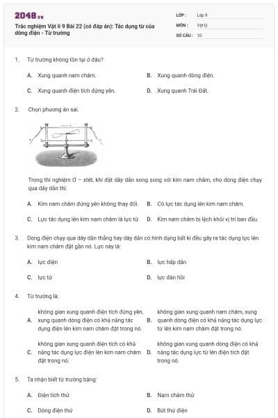 Trắc nghiệm Vật lí 9 Bài 22 (có đáp án): Tác dụng từ của dòng điện - Từ trường