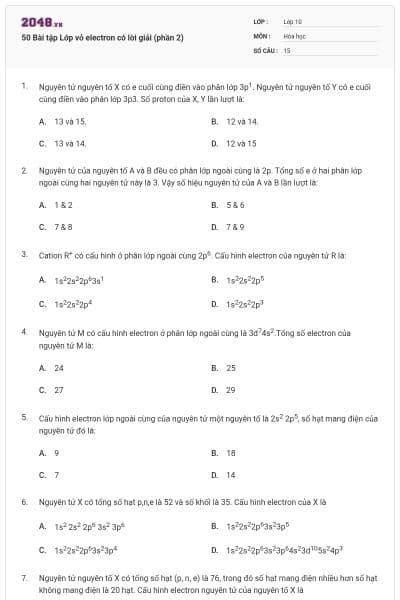 50 Bài tập Lớp vỏ electron có lời giải (phần 2)