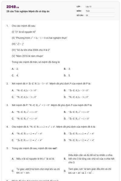 28 câu Trắc nghiệm Mệnh đề có đáp án