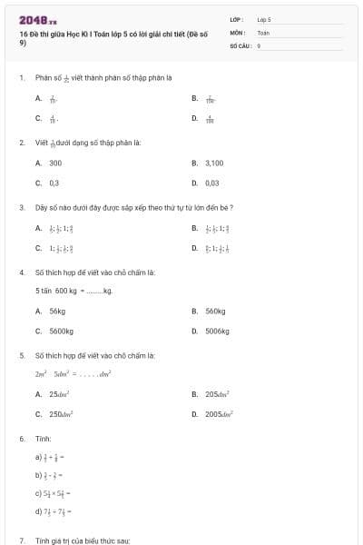 16 Đề thi giữa Học Kì I Toán lớp 5 có lời giải chi tiết (Đề số 9)