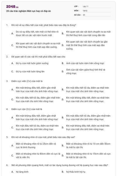 20 câu trắc nghiệm Mắt cực hay có đáp án