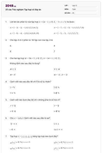 25 câu Trắc nghiệm Tập hợp có đáp án