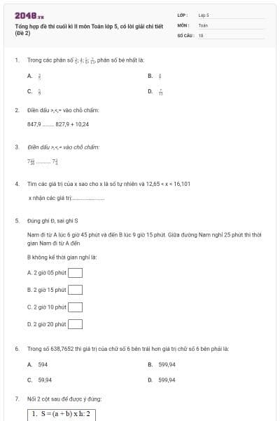Tổng hợp đề thi cuối kì II môn Toán lớp 5, có lời giải chi tiết (Đề 2)