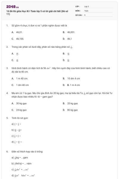 16 Đề thi giữa Học Kì I Toán lớp 5 có lời giải chi tiết (Đề số 11)