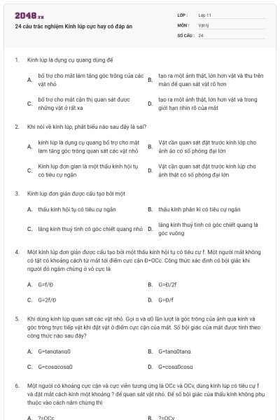 24 câu trắc nghiệm Kính lúp cực hay có đáp án
