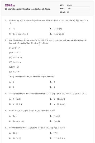 23 câu Trắc nghiệm Các phép toán tập hợp có đáp án