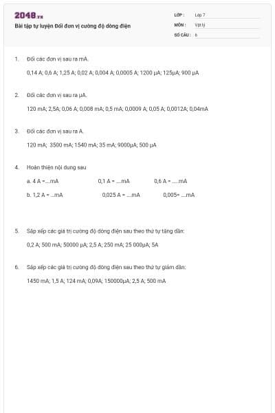 Bài tập tự luyện Đổi đơn vị cường độ dòng điện