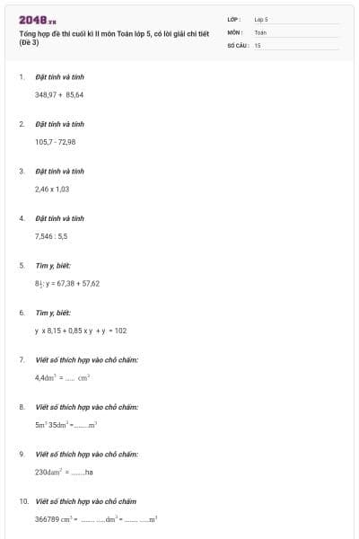Tổng hợp đề thi cuối kì II môn Toán lớp 5, có lời giải chi tiết (Đề 3)