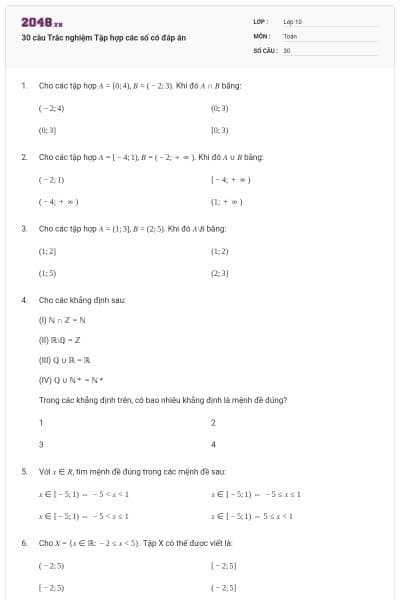 30 câu Trắc nghiệm Tập hợp các số có đáp án