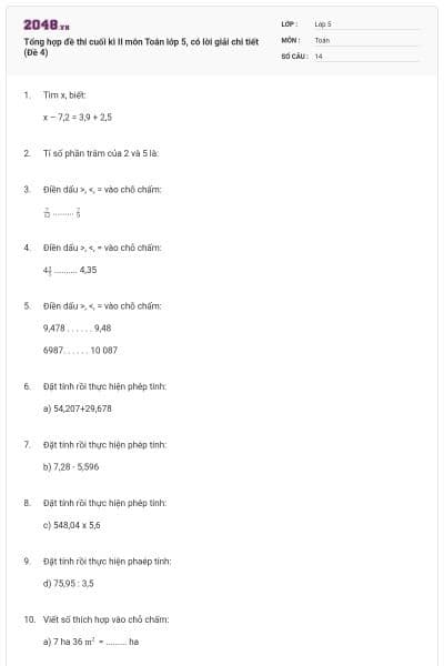 Tổng hợp đề thi cuối kì II môn Toán lớp 5, có lời giải chi tiết (Đề 4)