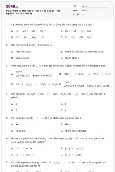 Đề kiểm tra 15 phút Hóa 11 Học kì 1 có đáp án (Trắc nghiệm - Bài số 1 - Đề 3)