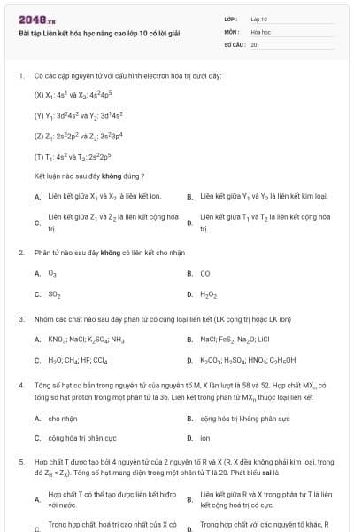 Bài tập Liên kết hóa học nâng cao lớp 10 có lời giải