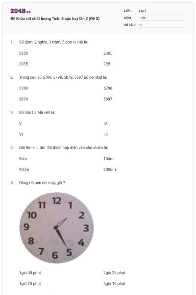 Đề kháo sát chất lượng Toán 3 cực hay lần 2 (Đề 3)