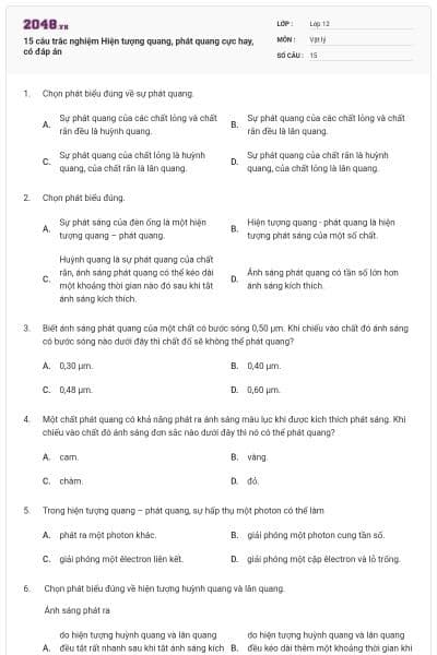 15 câu trắc nghiệm Hiện tượng quang, phát quang cực hay, có đáp án