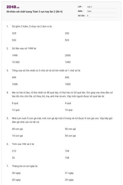 Đề kháo sát chất lượng Toán 3 cực hay lần 2 (Đề 4)