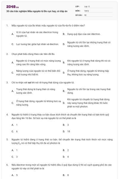 30 câu trắc nghiệm Mẫu nguyên tử Bo cực hay, có đáp án