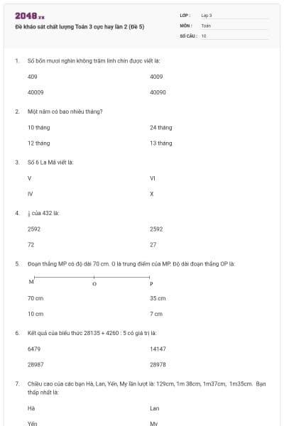 Đề kháo sát chất lượng Toán 3 cực hay lần 2 (Đề 5)