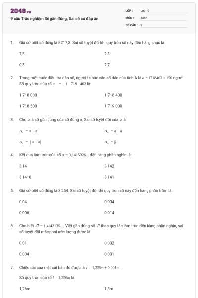 9 câu Trắc nghiệm Số gần đúng, Sai số có đáp án