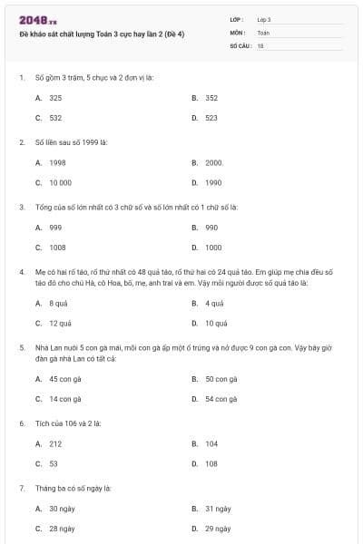 Đề kháo sát chất lượng Toán 3 cực hay lần 2 (Đề 4)