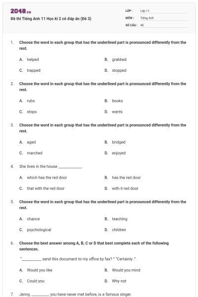 Đề thi Tiếng Anh 11 Học kì 2 có đáp án (Đề 3)