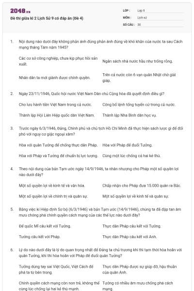 Đề thi giữa kì 2 Lịch Sử 9 có đáp án (Đề 4)