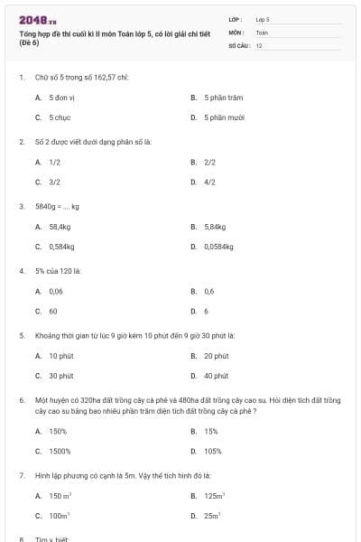 Tổng hợp đề thi cuối kì II môn Toán lớp 5, có lời giải chi tiết (Đề 6)