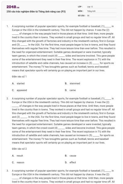 250 câu trắc nghiệm Điền từ Tiếng Anh nâng cao (P3)