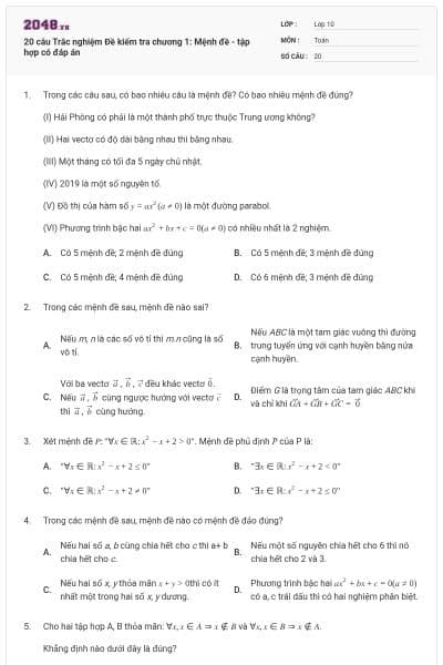 20 câu Trắc nghiệm Đề kiểm tra chương 1: Mệnh đề - tập hợp có đáp án