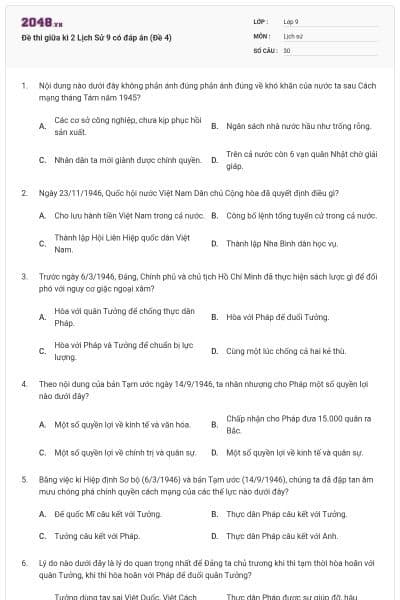 Đề thi giữa kì 2 Lịch Sử 9 có đáp án (Đề 4)