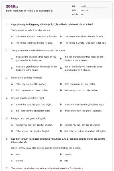 Đề thi Tiếng Anh 11 Học kì 2 có đáp án (Đề 4)