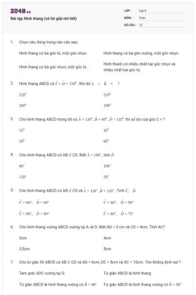 Bài tập Hình thang (có lời giải chi tiết)