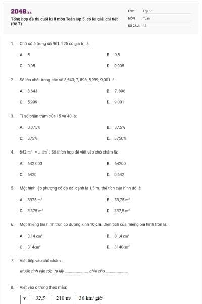 Tổng hợp đề thi cuối kì II môn Toán lớp 5, có lời giải chi tiết (Đề 7)