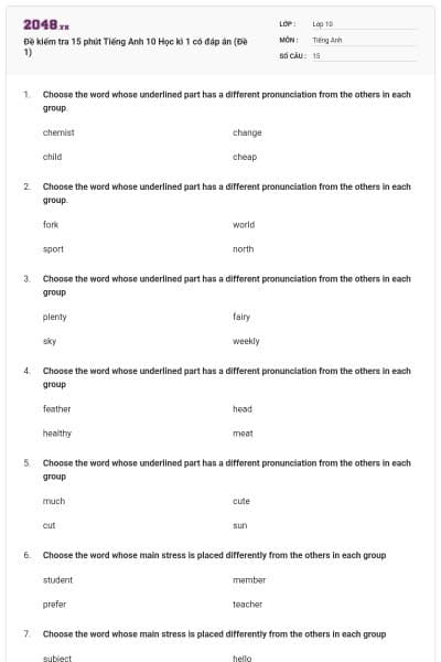 Đề kiểm tra 15 phút Tiếng Anh 10 Học kì 1 có đáp án (Đề 1)