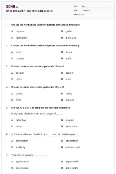 Đề thi Tiếng Anh 11 Học kì 2 có đáp án (Đề 5)