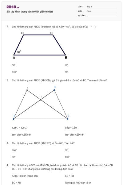 Bài tập Hình thang cân (có lời giải chi tiết)