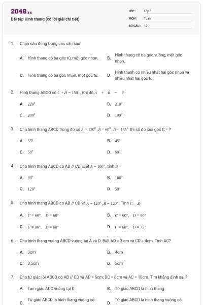 Bài tập Hình thang (có lời giải chi tiết)