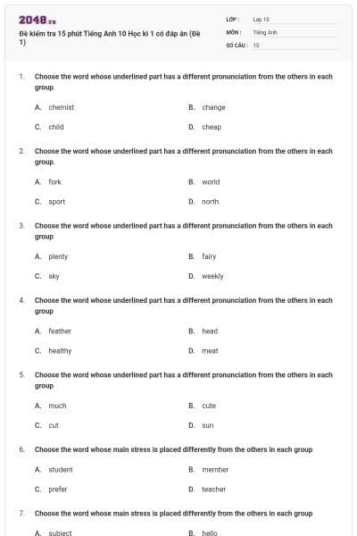 Đề kiểm tra 15 phút Tiếng Anh 10 Học kì 1 có đáp án (Đề 1)