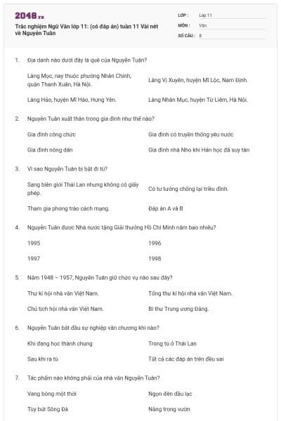 Trắc nghiệm Ngữ Văn lớp 11: (có đáp án) tuần 11 Vài nét về Nguyễn Tuân