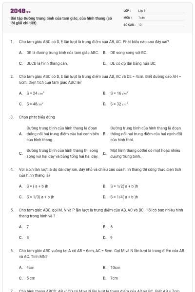 Bài tập Đường trung bình của tam giác, của hình thang (có lời giải chi tiết)