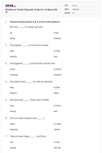 Đề kiểm tra 15 phút Tiếng Anh 10 Học kì 1 có đáp án (Đề 3)