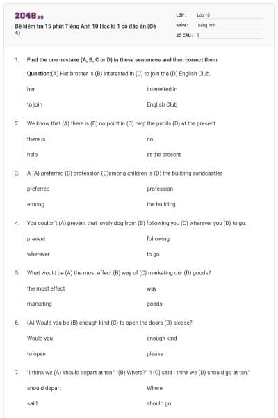 Đề kiểm tra 15 phút Tiếng Anh 10 Học kì 1 có đáp án (Đề 4)