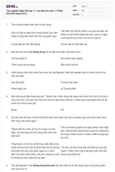 Trắc nghiệm Ngữ Văn lớp 11: (có đáp án) tuần 11 Phân tích Chữ người tử tù