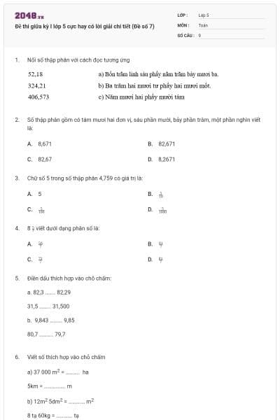 Đề thi giữa kỳ I lớp 5 cực hay có lời giải chi tiết (Đề số 7)