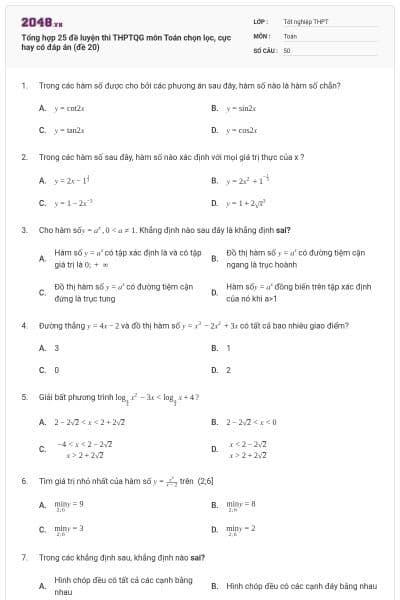 Tổng hợp 25 đề luyện thi THPTQG môn Toán chọn lọc, cực hay có đáp án (đề 20)